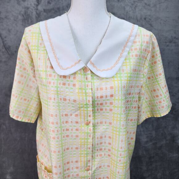 Vtg Lati Fashion House Coat Robe Women LARGE Seersucker Check Gingham Snap Front - Picture 6 of 14